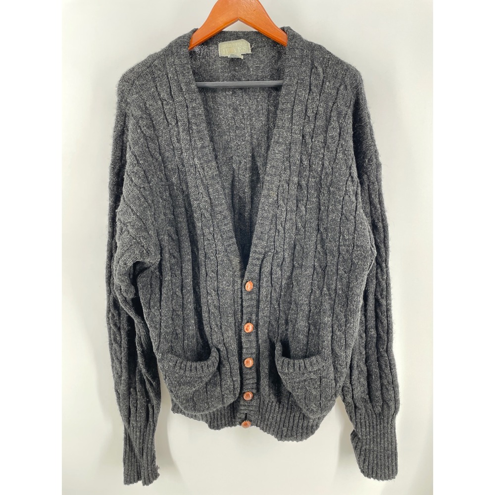 Vintage 100% Pure Shetland Wool Cardigan‎ Mens XL Grey Grandpacore Grunge  *READ